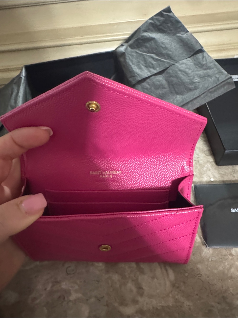 Saint Laurent Fuchsia Chevron Quilted Wallet with Gold YSL Emblem - Picture 6 of 10